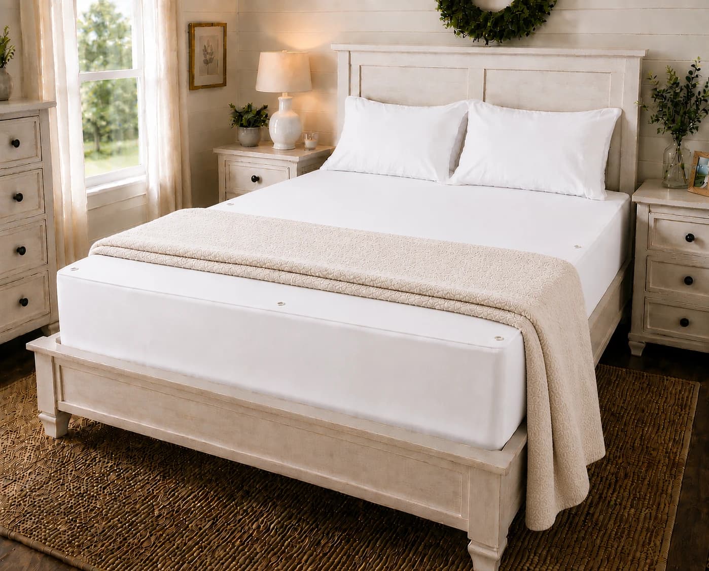 A sunlit farmhouse bedroom with the BackEasy Sheets system made up on the bed, snaps visible along the sheet edge