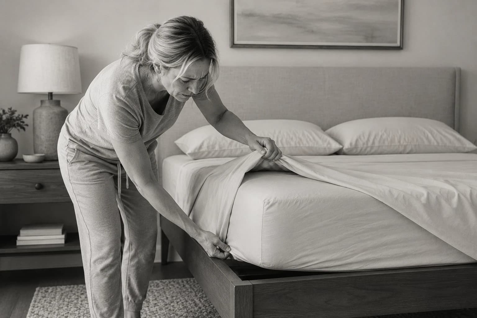 Black and white photo of a woman straining as she stretches a conventional fitted sheet over a mattress corner