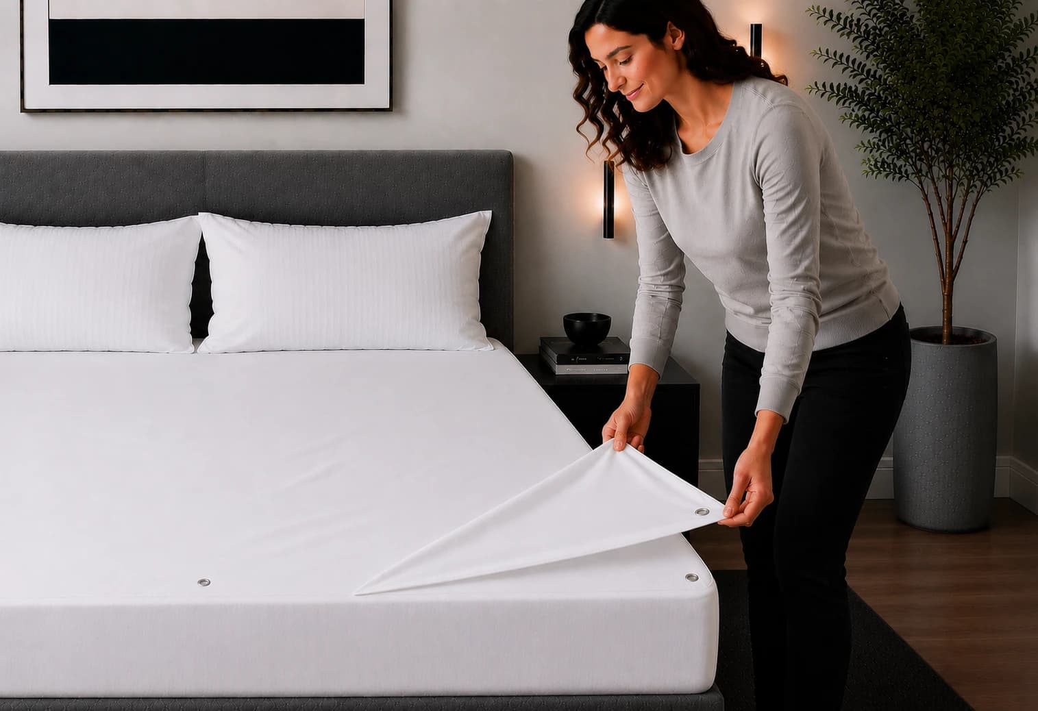 A woman easily lifting the bottom sheet off the snap fasteners at the corner of a neatly made bed