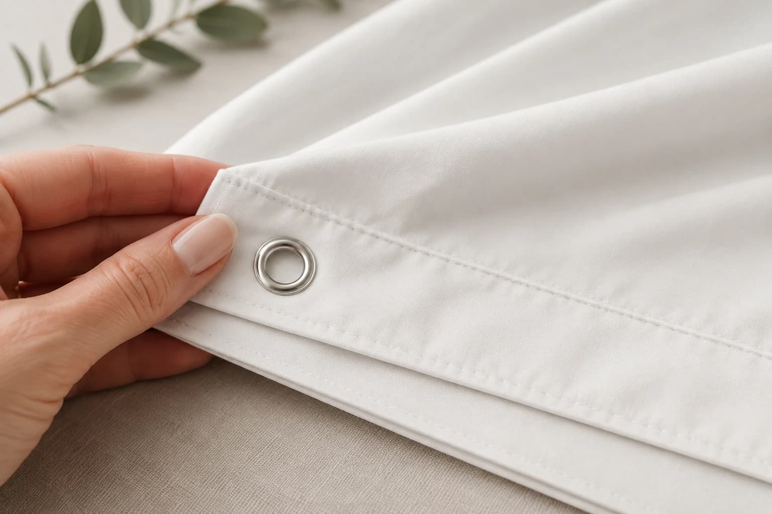 Close-up of a hand holding the crisp white sheet hem, showing the set grommet and fine stitching