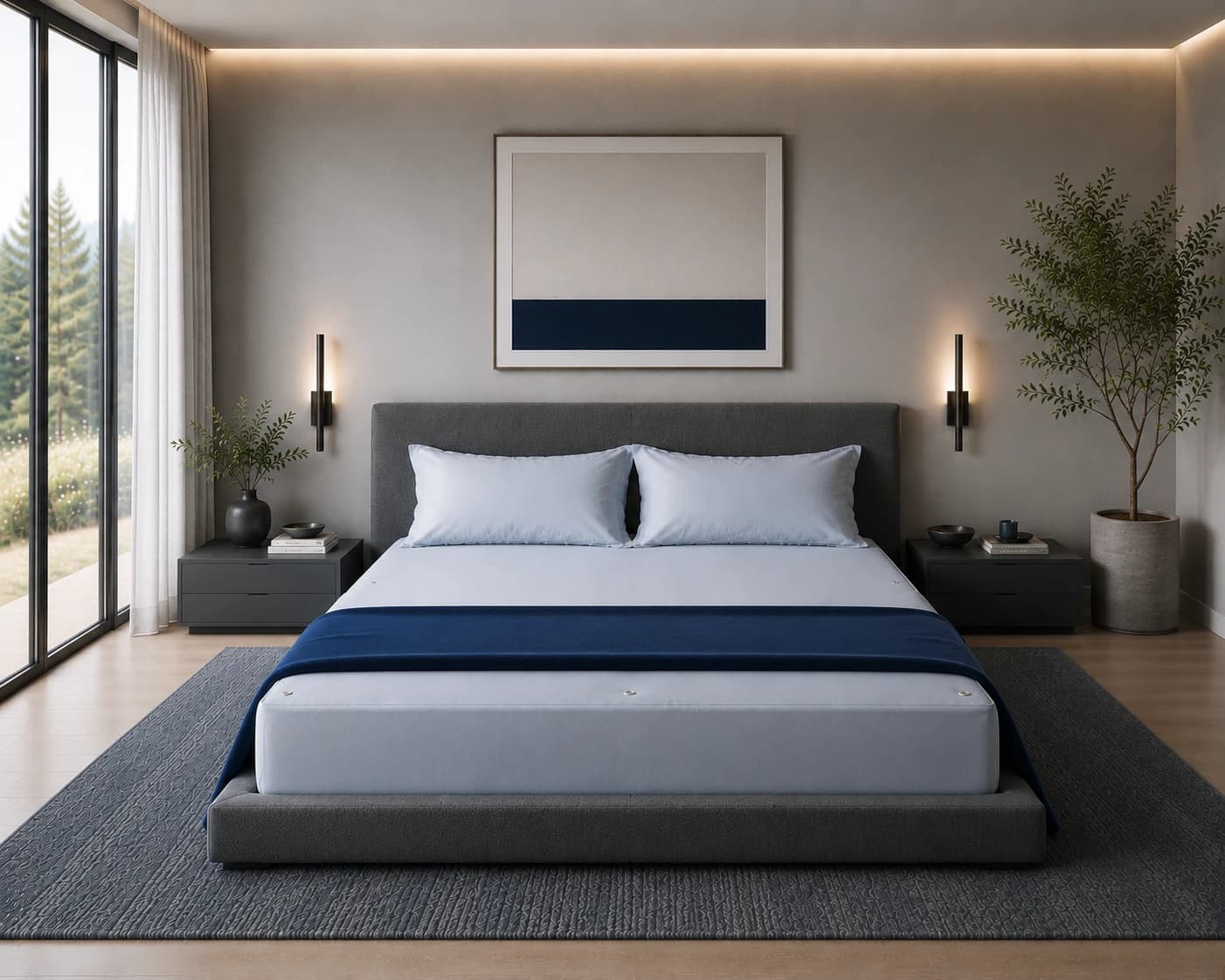 The BackEasy Sheets system on a grey platform bed: light-blue fitted base and bottom sheet with a navy throw folded across the foot