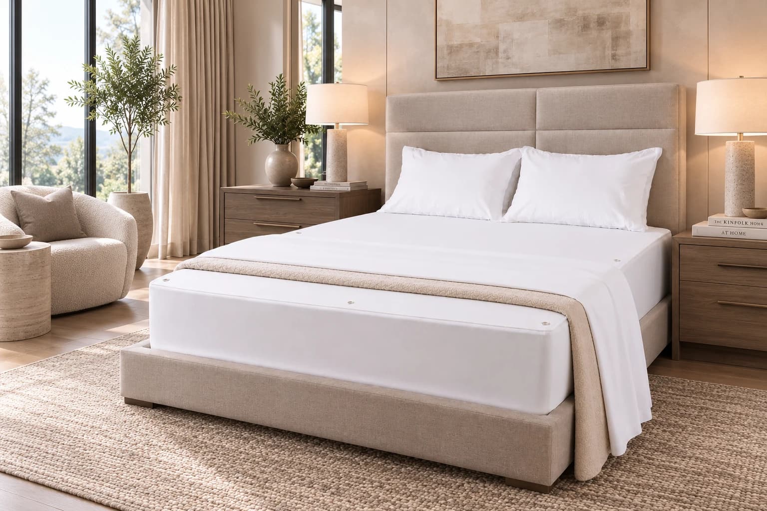 The BackEasy Sheets system on an upholstered bed: white fitted base and bottom sheet with snap fasteners along the edge, and a woven throw folded across the foot