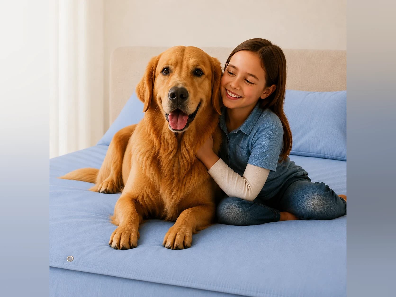 A girl hugging a golden retriever on a bed made up with the light-blue bottom sheet