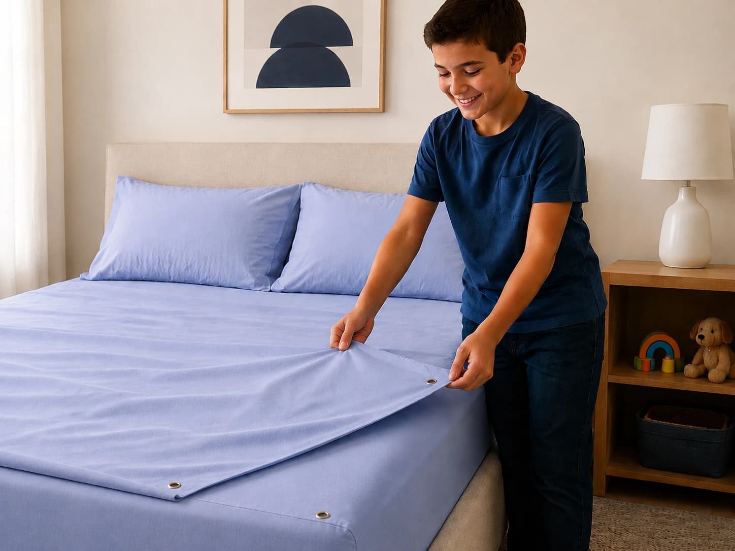 A boy smiling as he lifts the light-blue bottom sheet off the snap fasteners to change his own bed