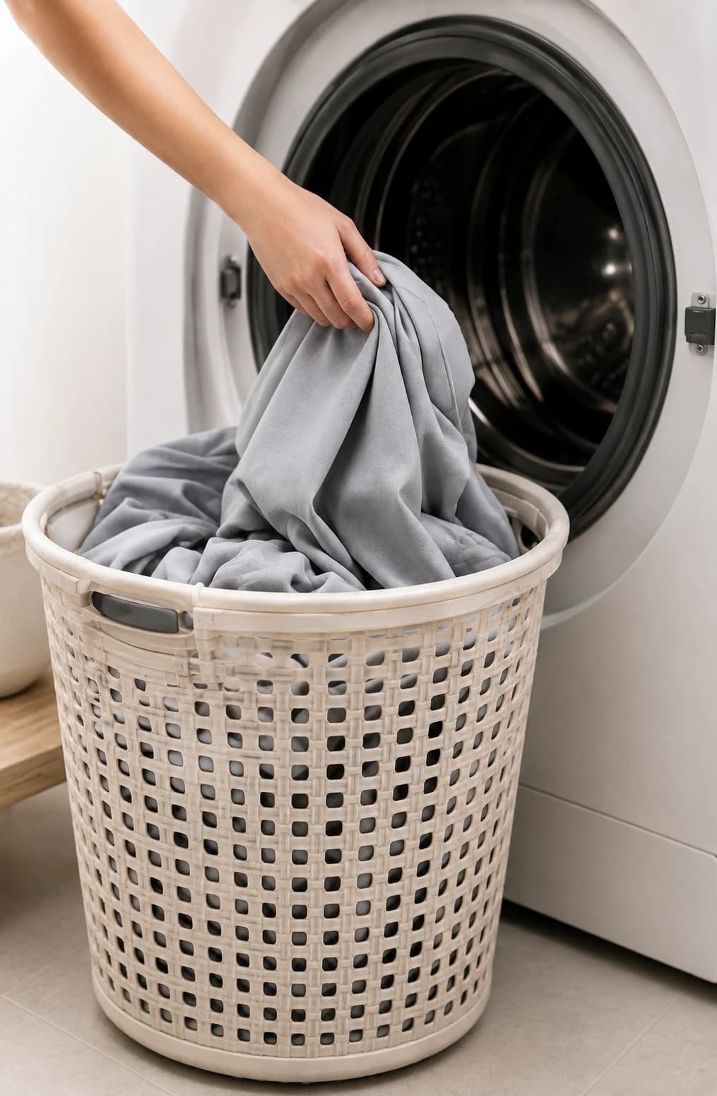 The bottom sheet being lifted from a laundry basket into the washing machine