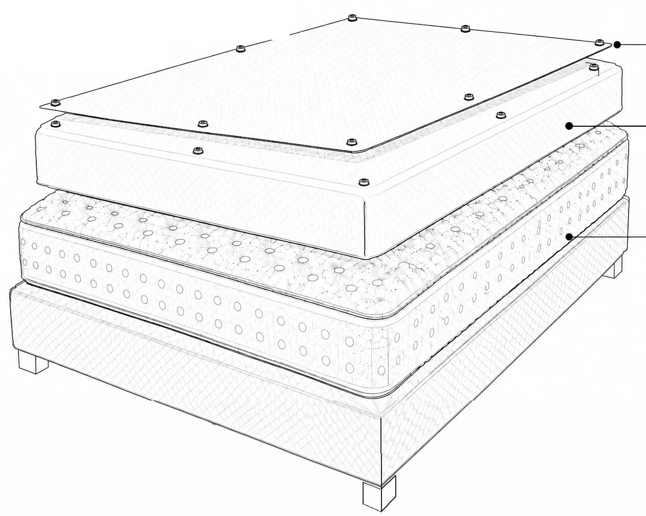 Exploded diagram of the two-part system: a removable bottom sheet with snap fasteners lifts away from a fitted base, which stays on the mattress and its foundation below.